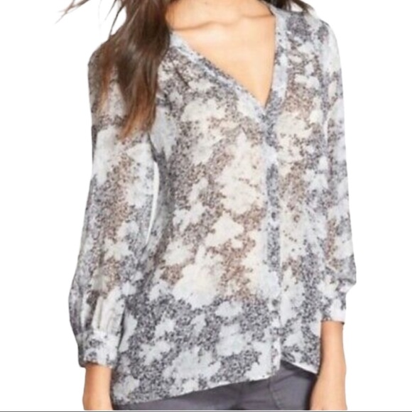 Joie Women's Size M Long Sleeve Silk Top Grey Black Print Button Down - Picture 1 of 10